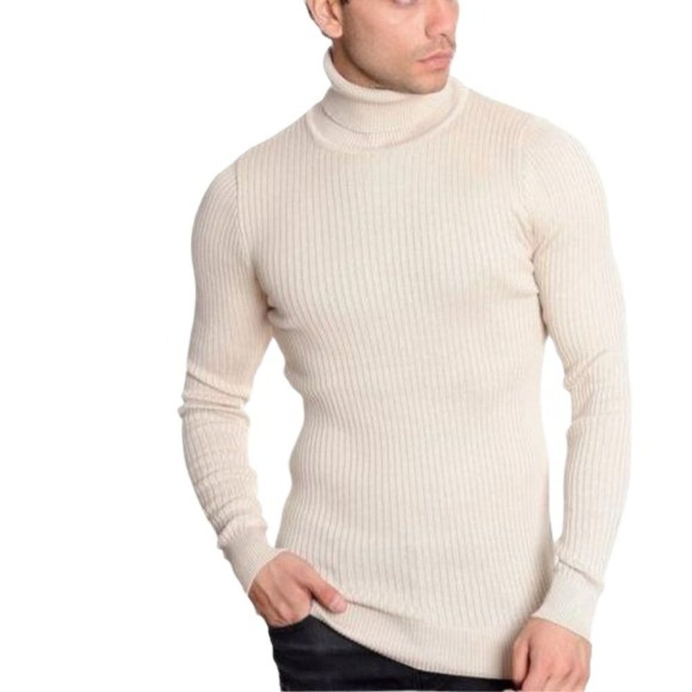 LCR Black Edition Men's Luxury European Turtleneck Sweater Light Beige Large NWT